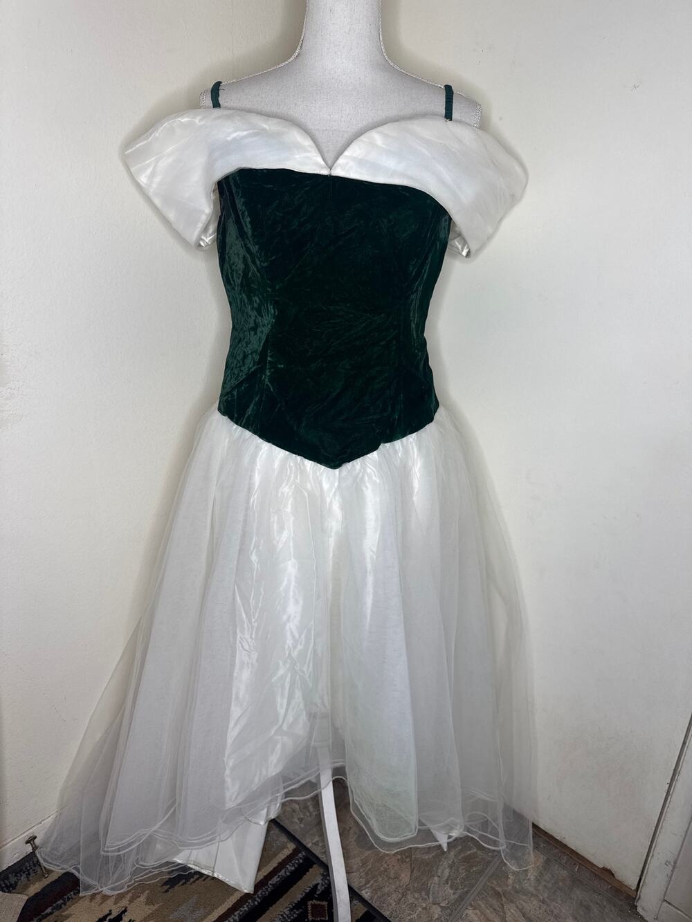 Vintage 80s Prom Dress | Emerald Green Velvet & White Tulle Ball Gown | flaws